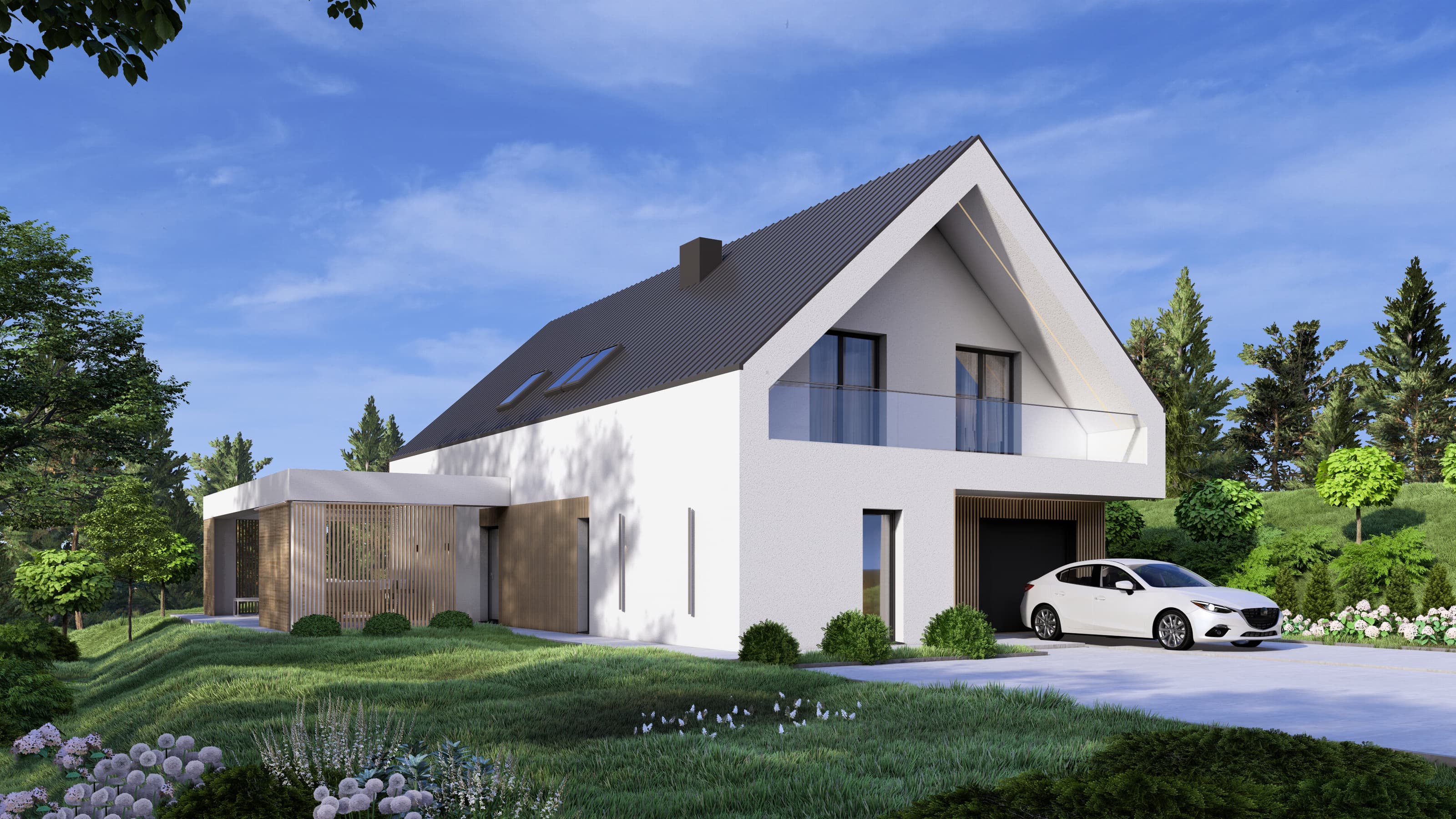 Indywidualny projekt domu jednorodzinnego w Skołyszynie - wizualizacja nowoczesnej bryły domu - ujęcie 2