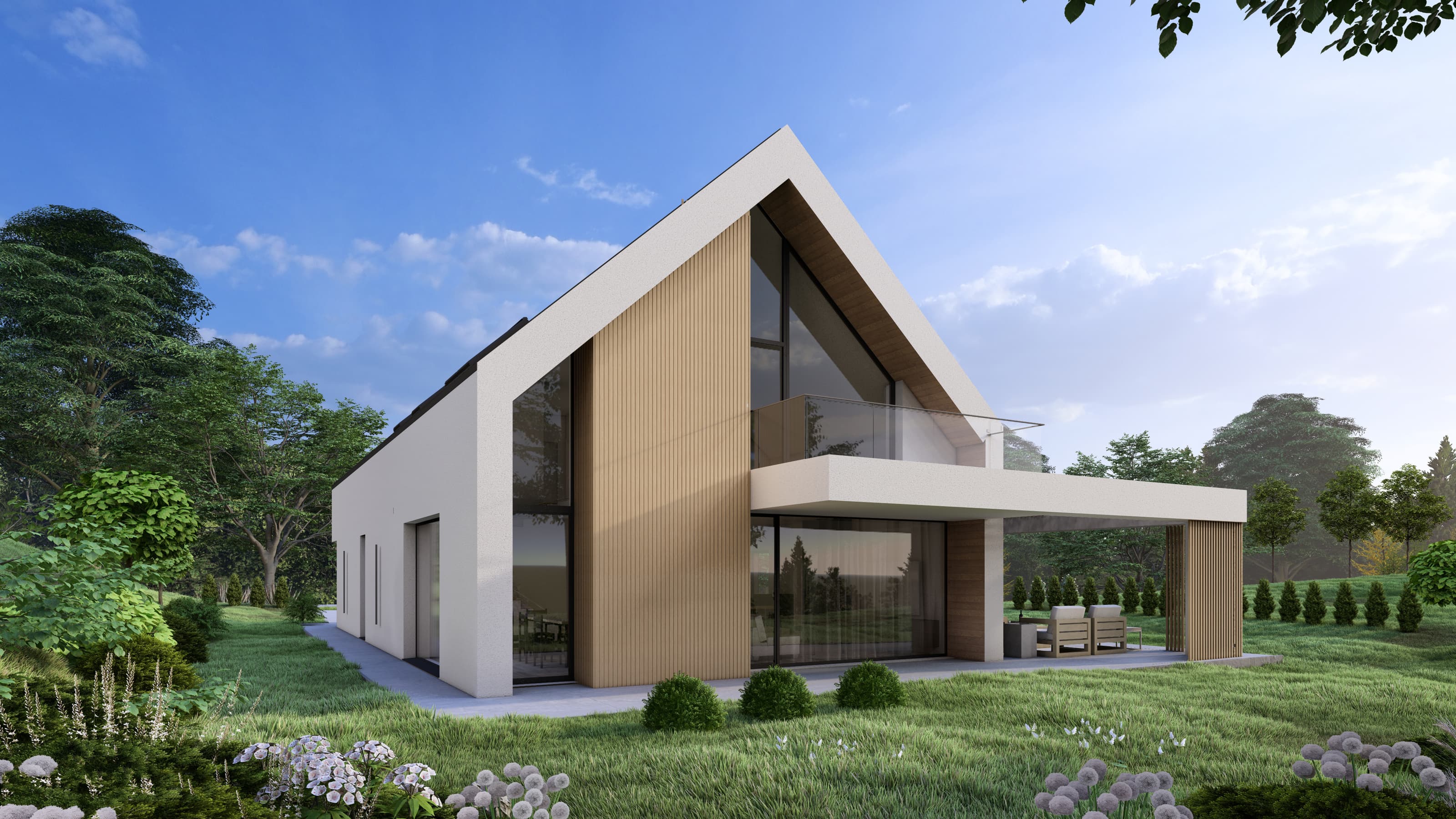 Indywidualny projekt domu jednorodzinnego w Skołyszynie - wizualizacja nowoczesnej bryły domu - ujęcie 3