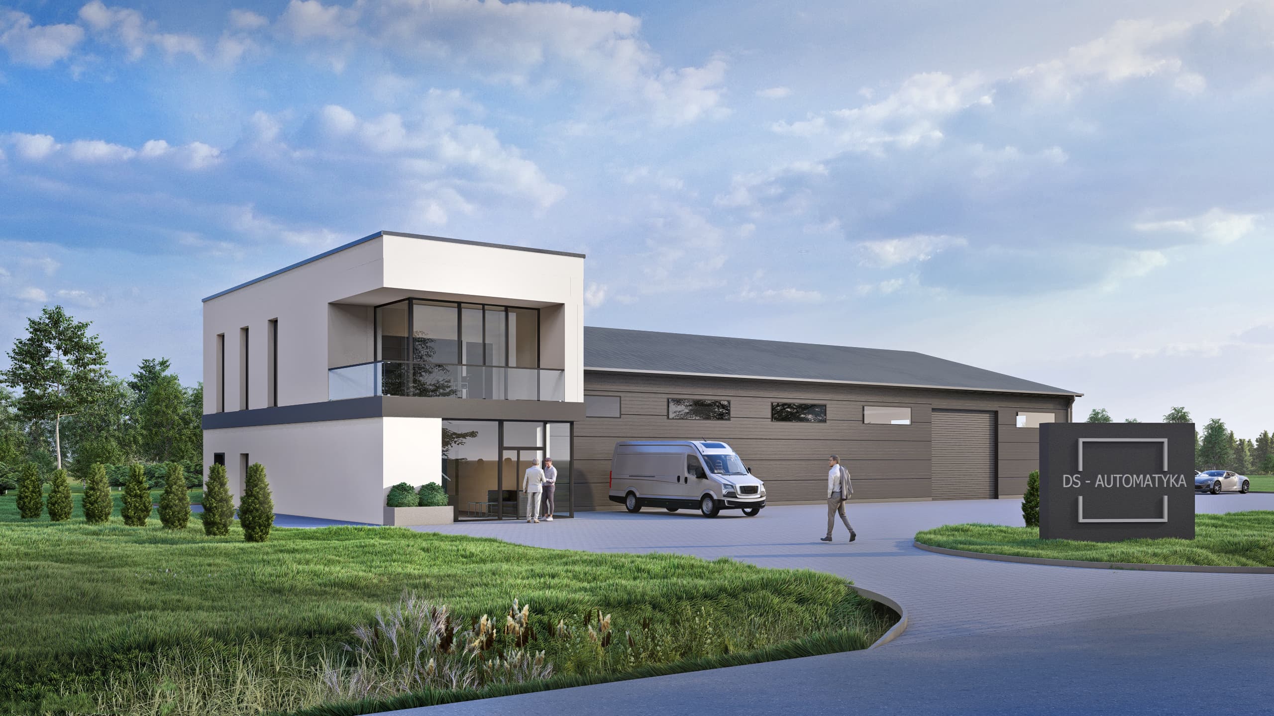 Projekt hali magazynowej z częścią biurową w Starych Żukowicach - widok z lotu ptaka - ujęcie 2