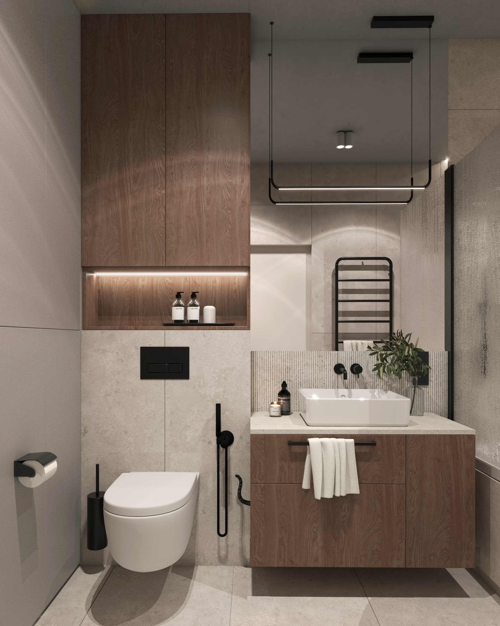 Projekt wnętrza domu w zabudowie szeregowej w Budziwoju - salon z aneksem kuchennym - ujęcie 2