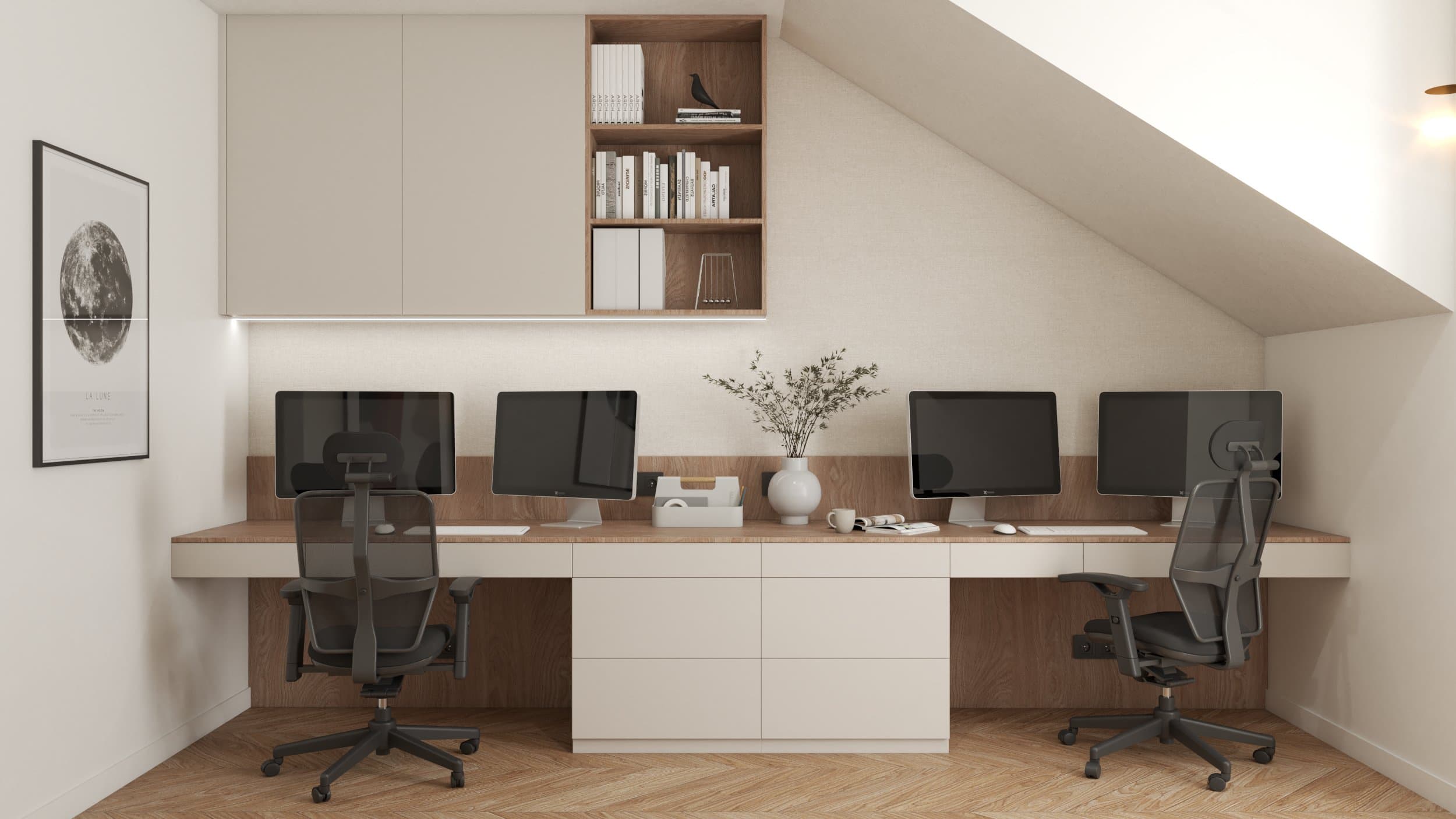 Projekt wnętrza domu w zabudowie szeregowej w Budziwoju - salon z aneksem kuchennym - ujęcie 4