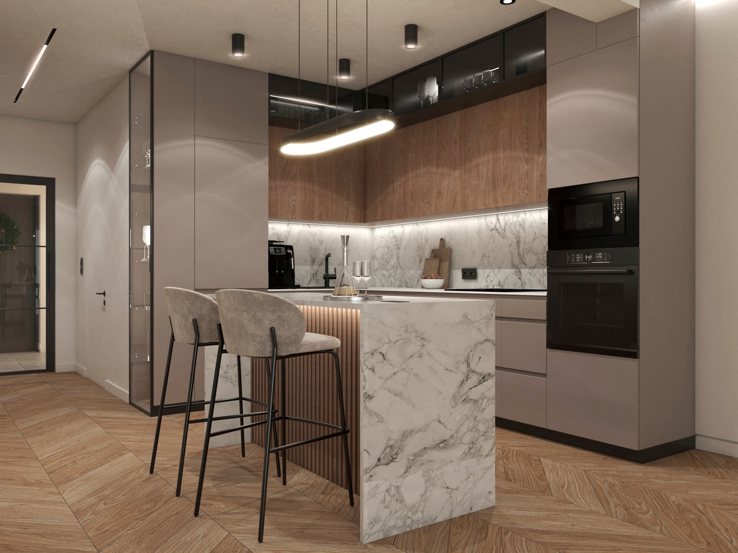 Projekt wnętrza domu w zabudowie szeregowej w Budziwoju - salon z aneksem kuchennym - ujęcie 5