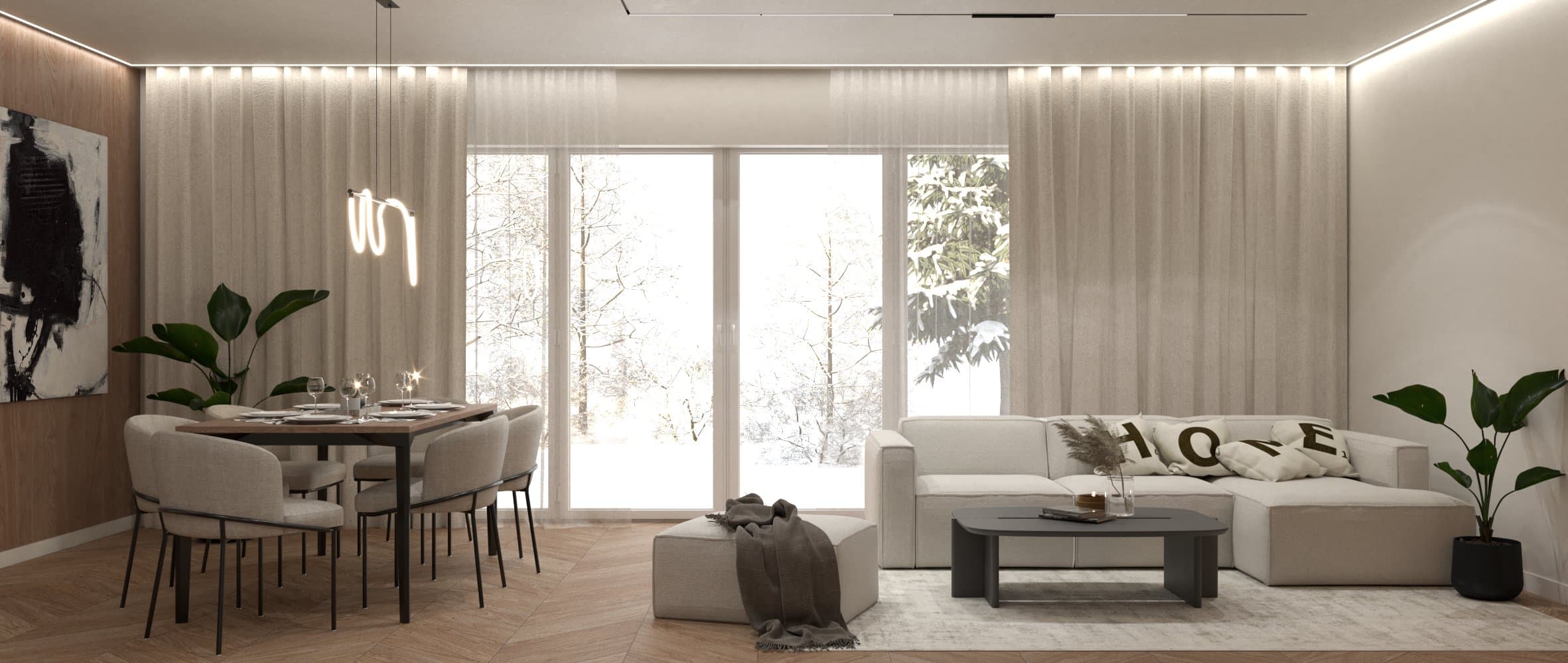 Projekt wnętrza domu w zabudowie szeregowej w Budziwoju - salon z aneksem kuchennym