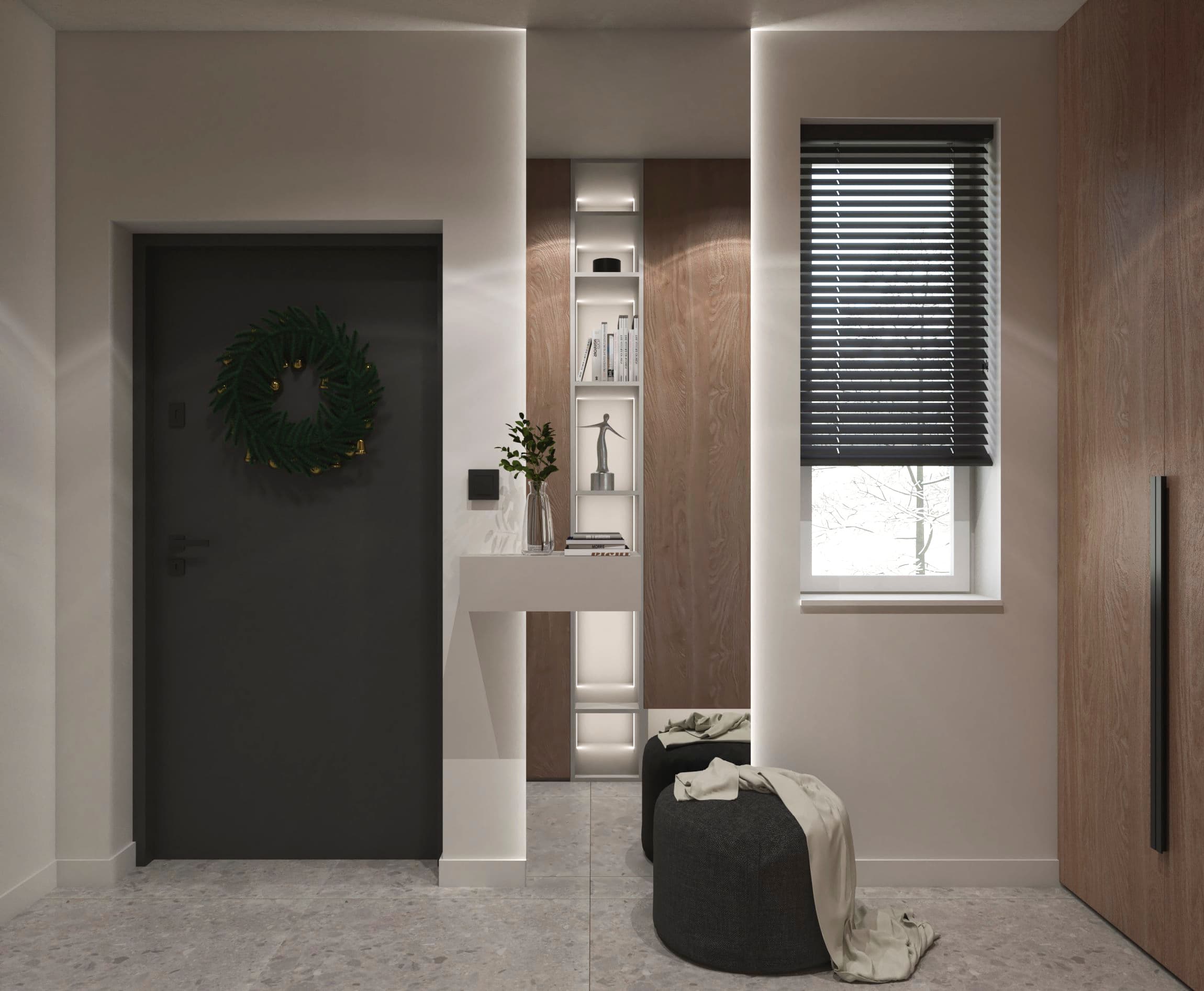 Projekt wnętrza domu w zabudowie szeregowej w Budziwoju - salon z aneksem kuchennym - ujęcie 9