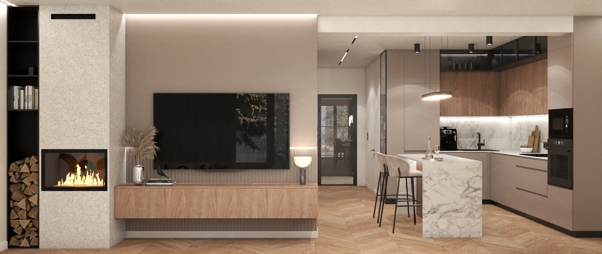 Projekt wnętrza domu w zabudowie szeregowej w Budziwoju - salon z aneksem kuchennym - ujęcie 10