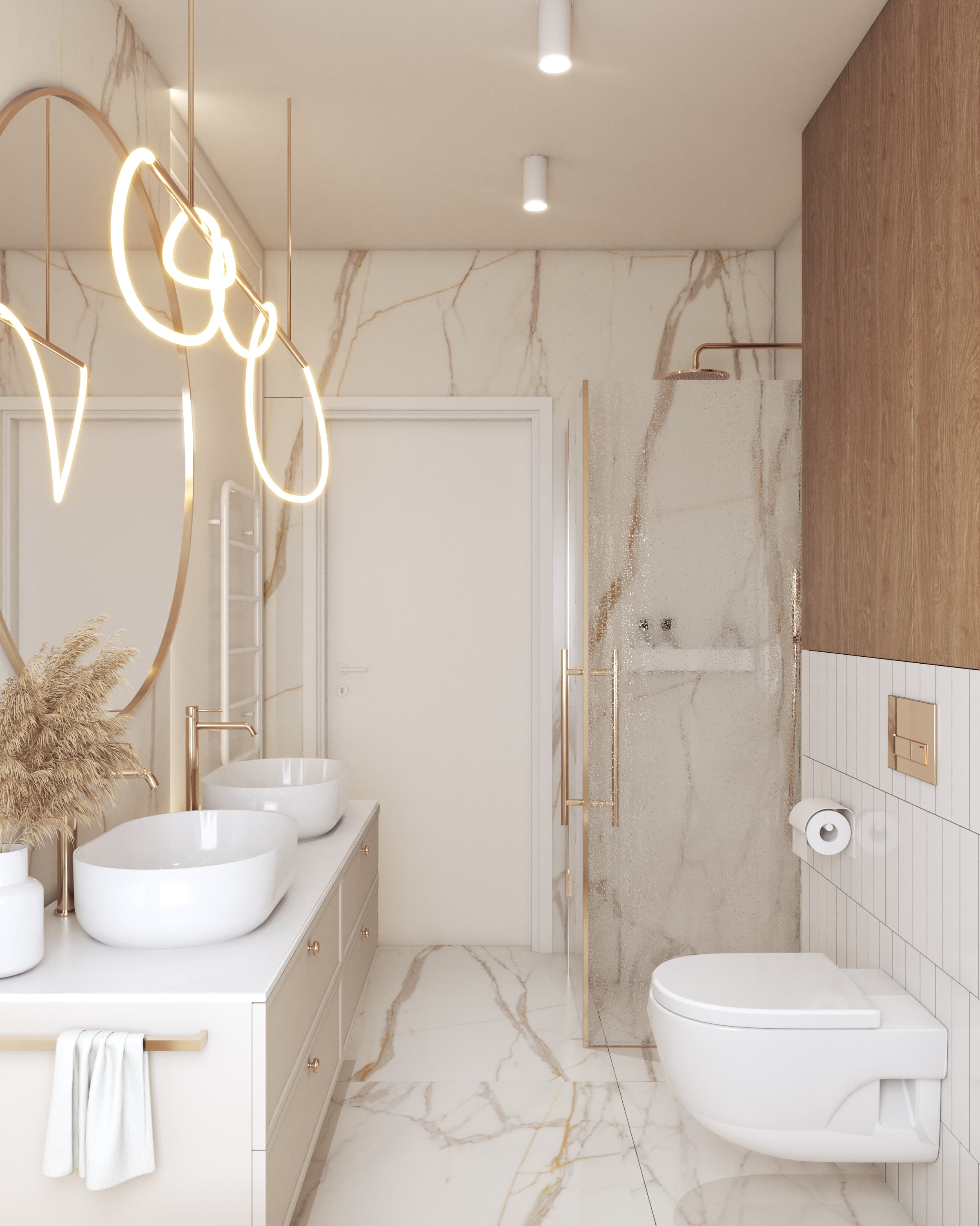 Projekt kuchni i łazienki w Bieździedzy - jasna łazienka z organicznym lustrem i wanną wolnostojącą