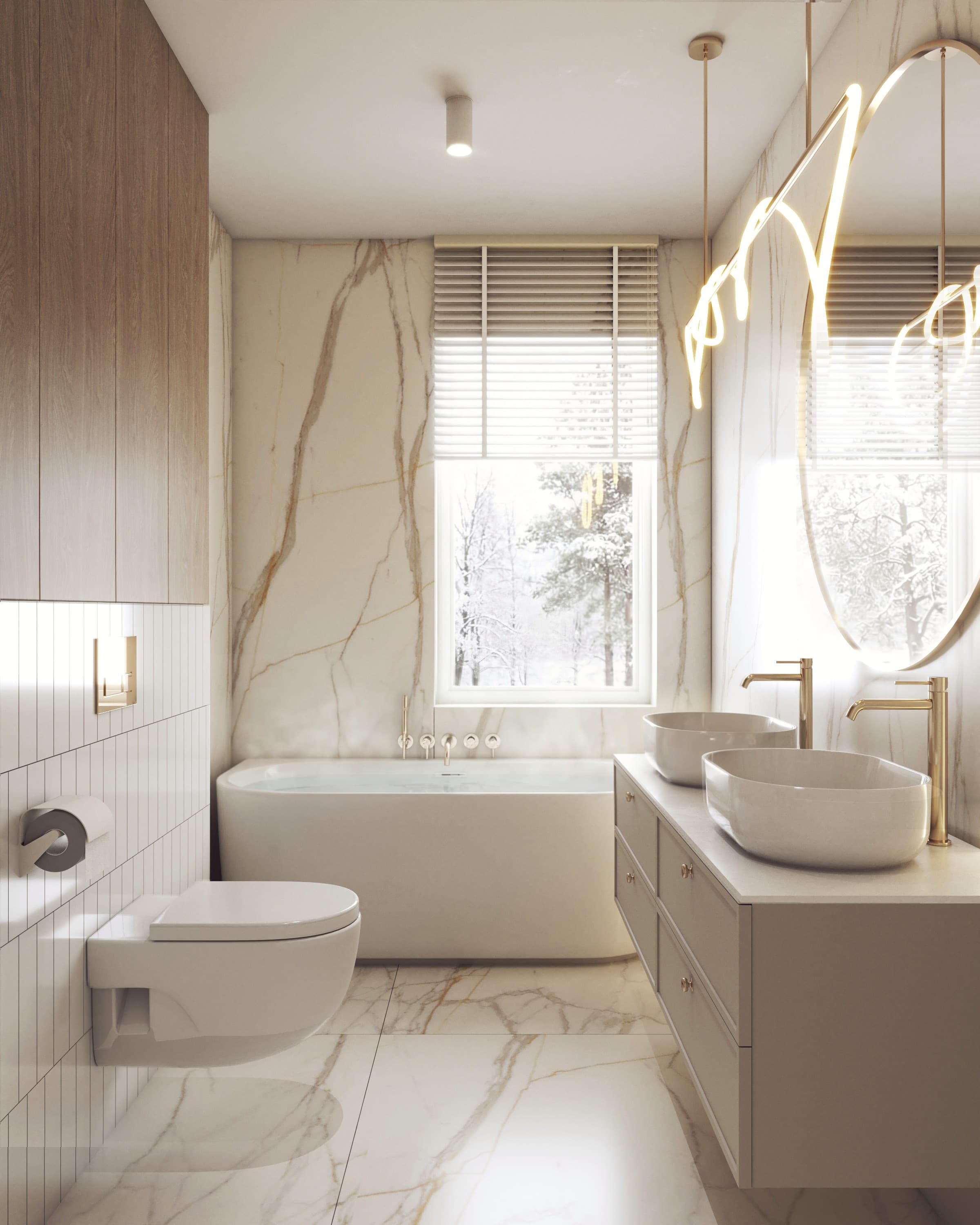 Projekt kuchni i łazienki w Bieździedzy - jasna łazienka z organicznym lustrem i wanną wolnostojącą - ujęcie 2