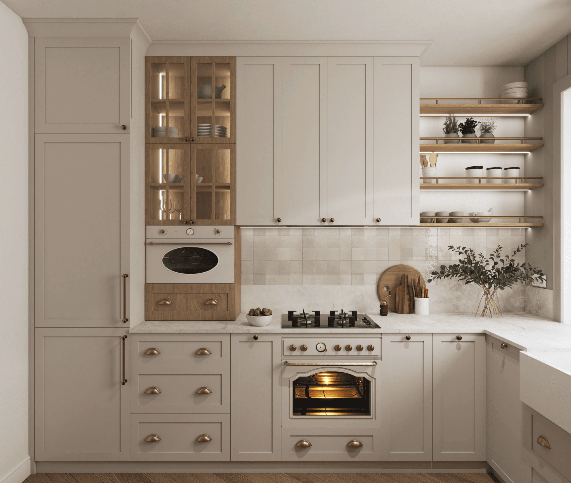 Projekt wnętrza kuchni w Palikówce - jasna kuchnia z dużym oknem i złotą armaturą