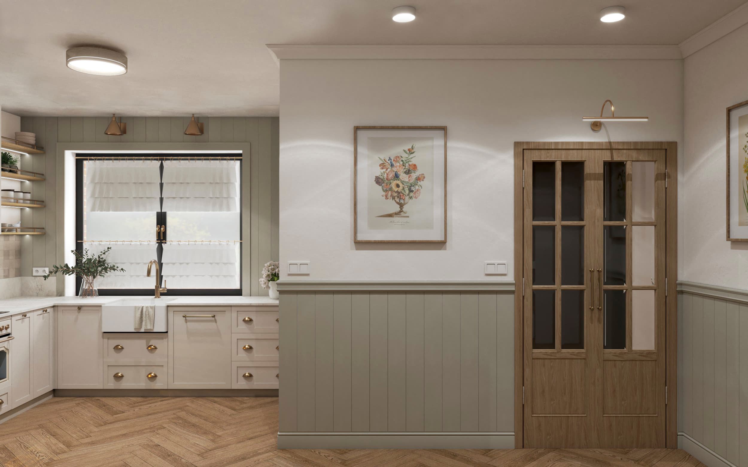 Projekt wnętrza kuchni w Palikówce - jasna kuchnia z dużym oknem i złotą armaturą - ujęcie 3