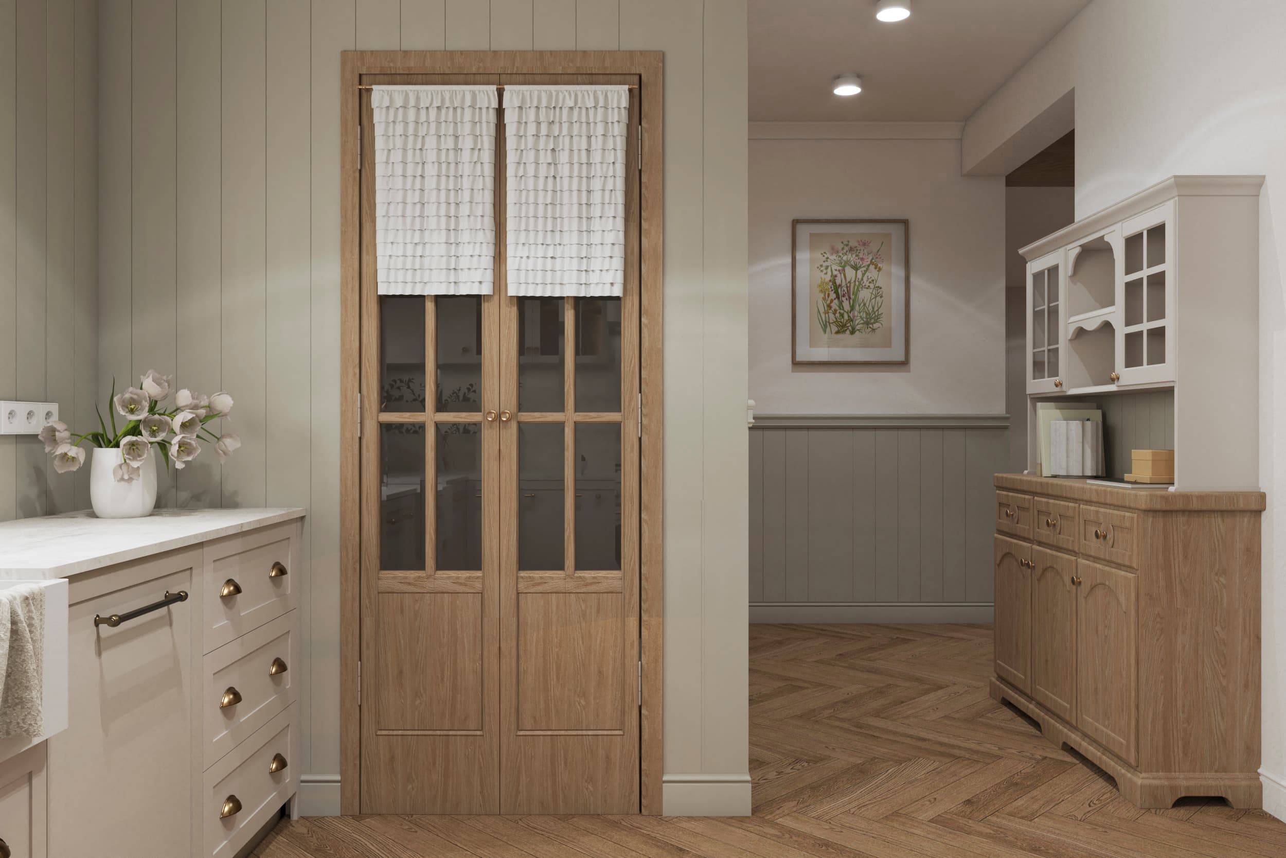 Projekt wnętrza kuchni w Palikówce - jasna kuchnia z dużym oknem i złotą armaturą - ujęcie 4