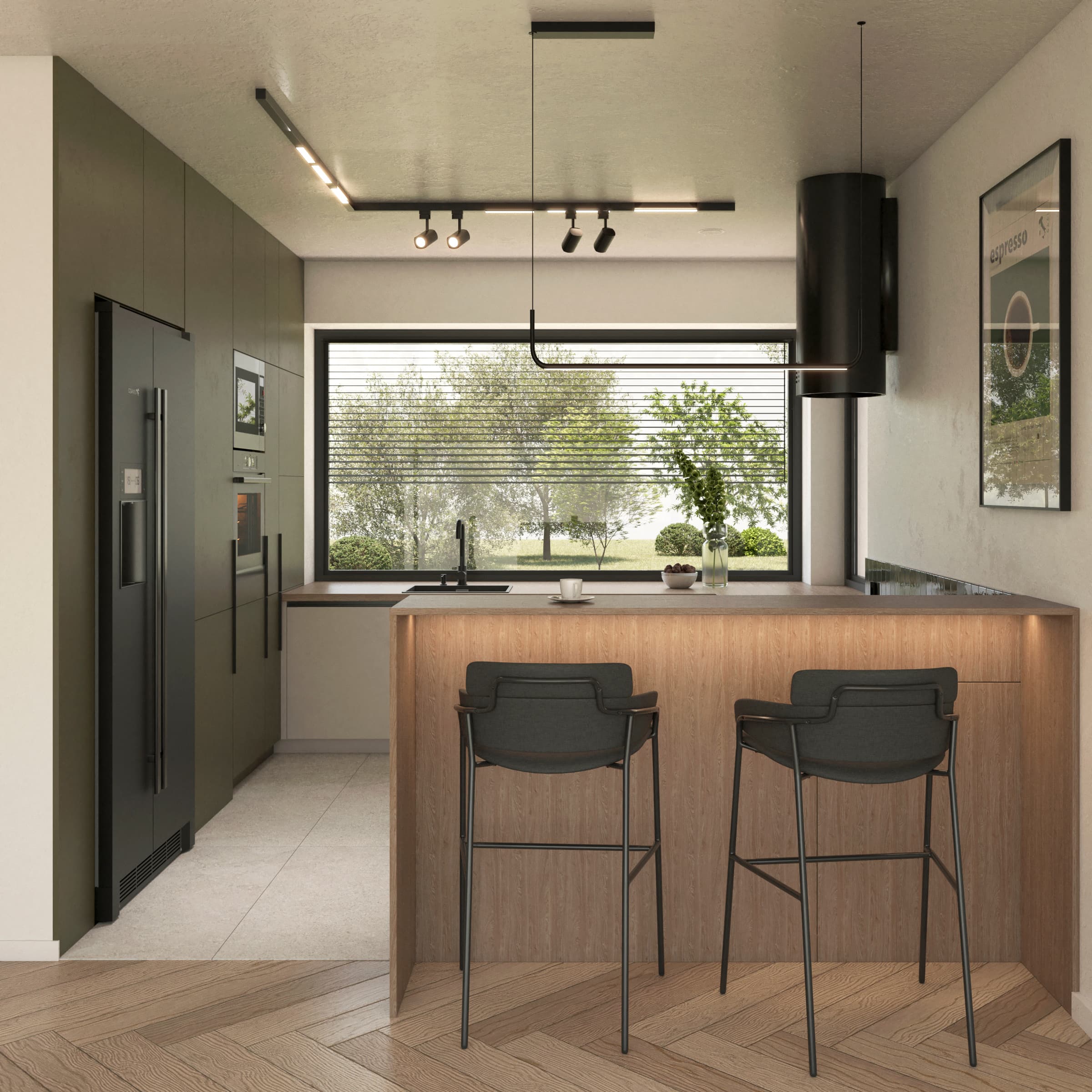 Projekt wnętrza domu jednorodzinnego w Krasnem - elegancka strefa dzienna z kamienną wyspą - ujęcie 6