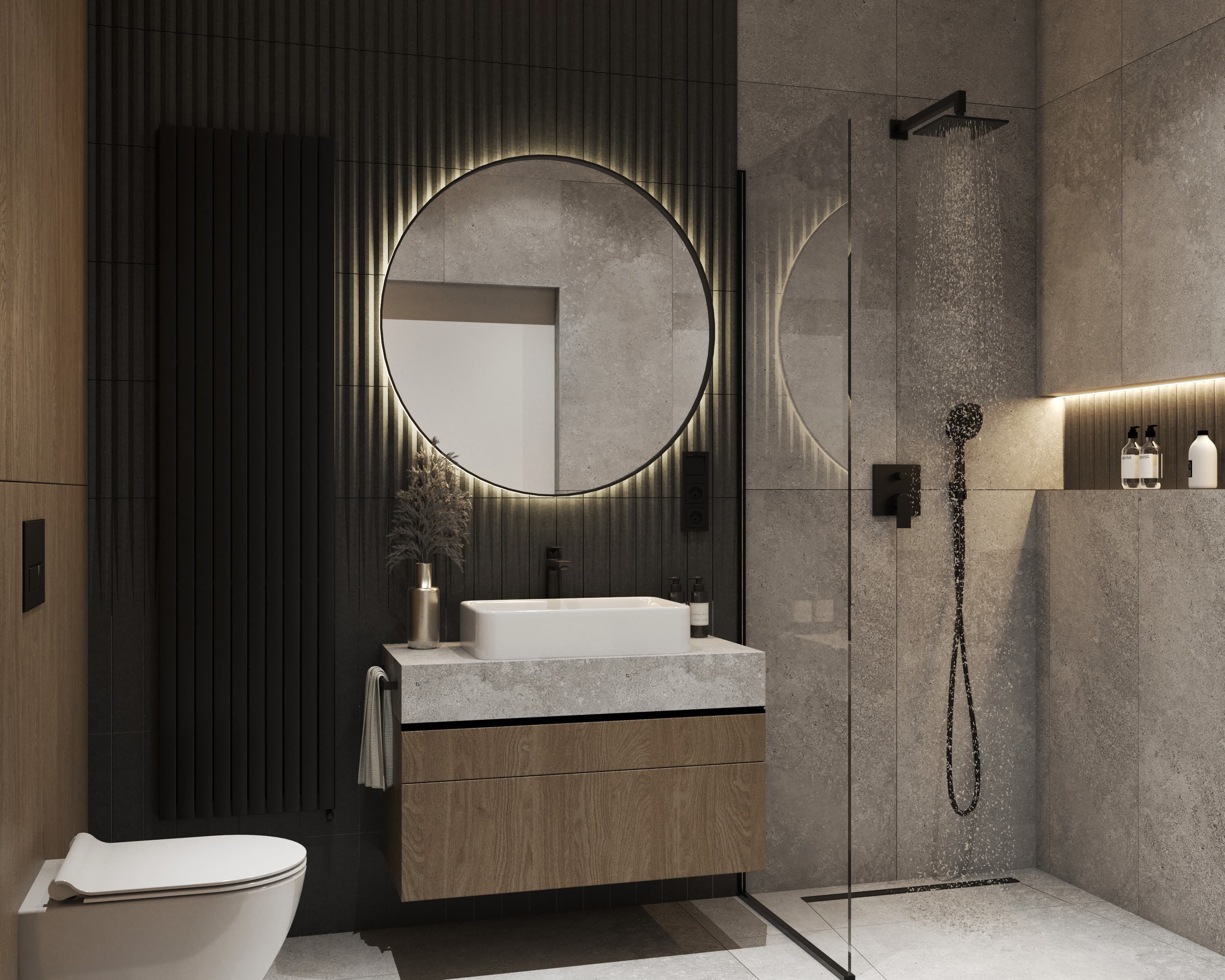 Projekt wnętrza domu jednorodzinnego w Krasnem - elegancka strefa dzienna z kamienną wyspą