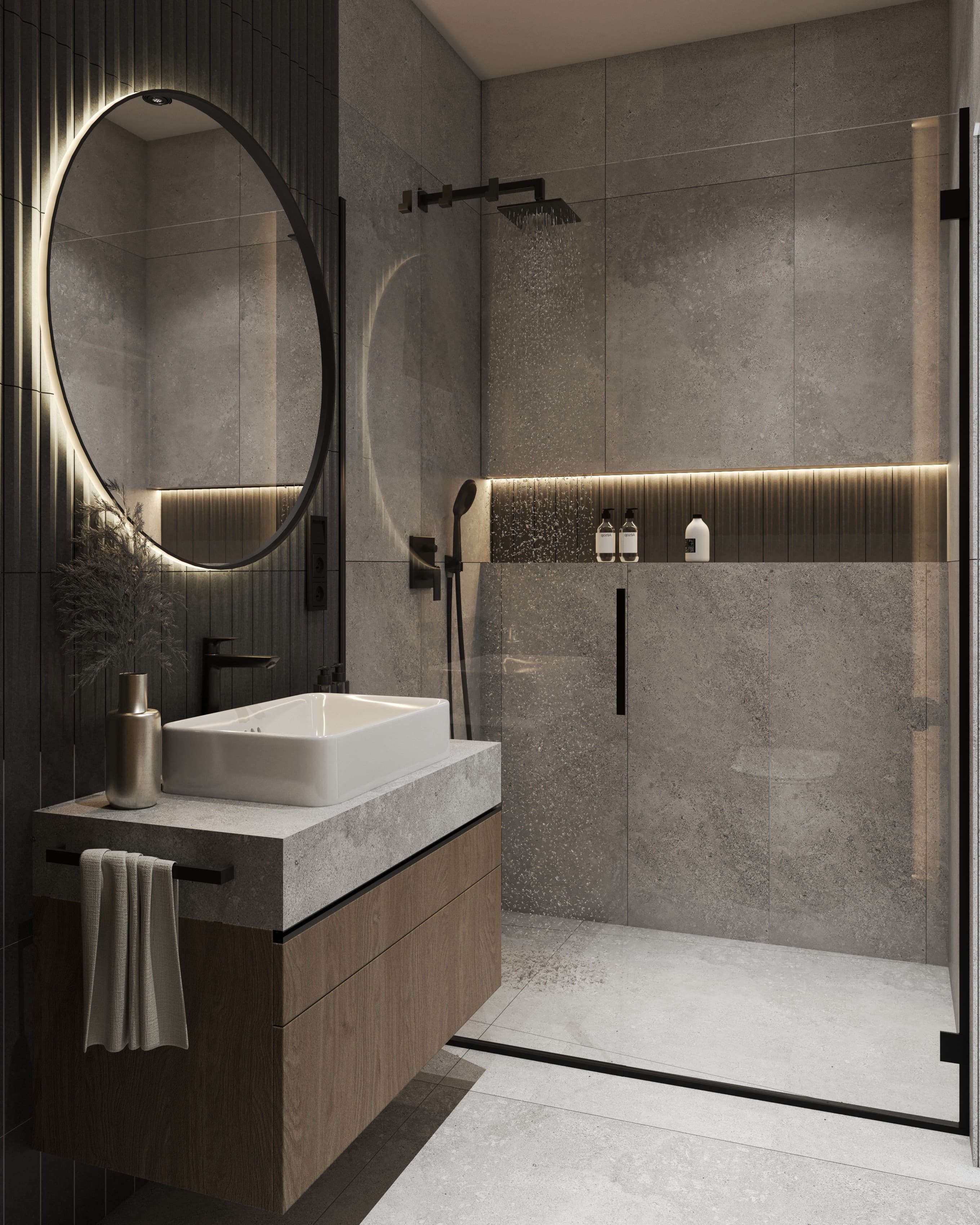 Projekt wnętrza domu jednorodzinnego w Krasnem - elegancka strefa dzienna z kamienną wyspą - ujęcie 2