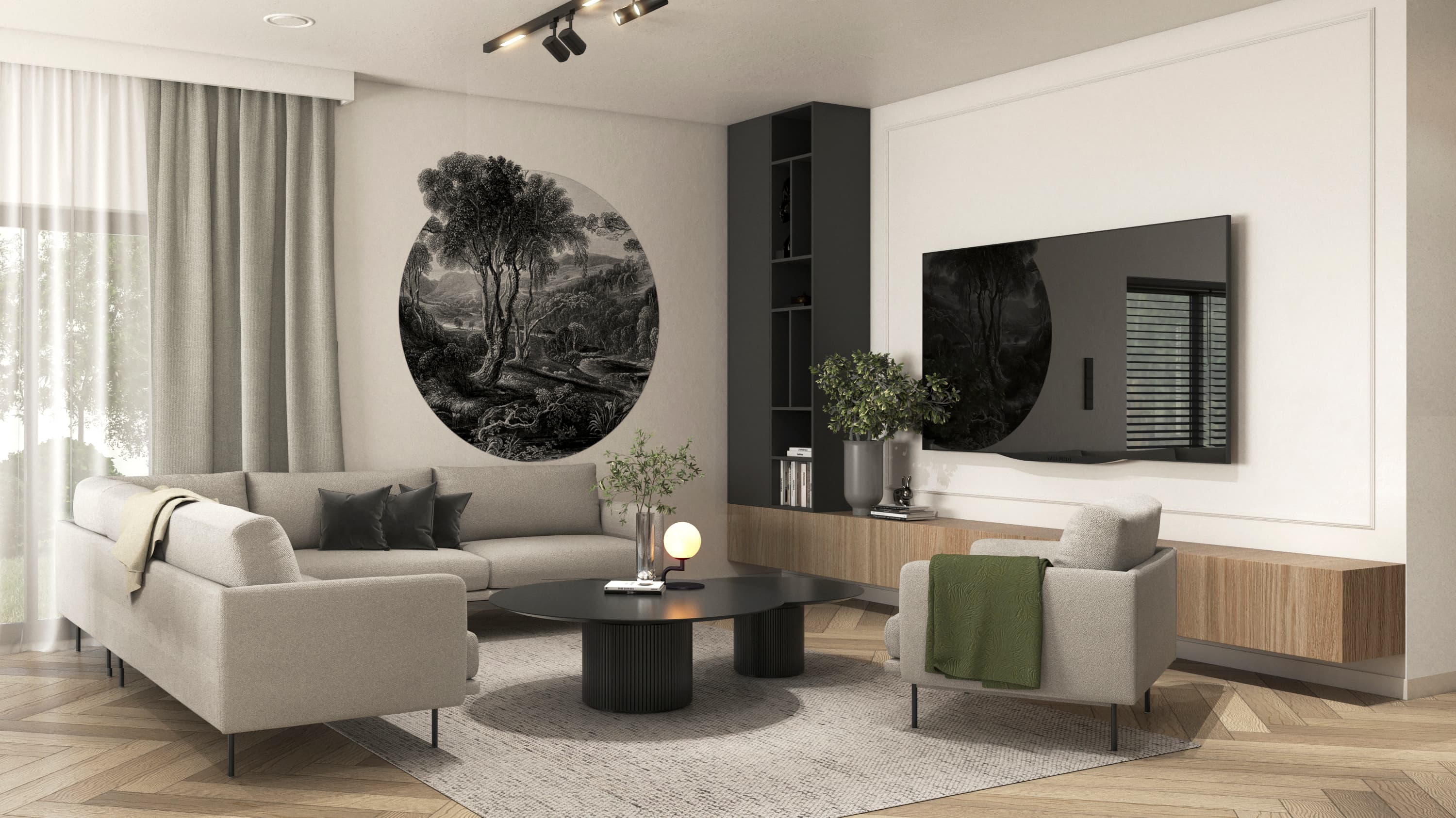 Projekt wnętrza domu jednorodzinnego w Krasnem - elegancka strefa dzienna z kamienną wyspą - ujęcie 8