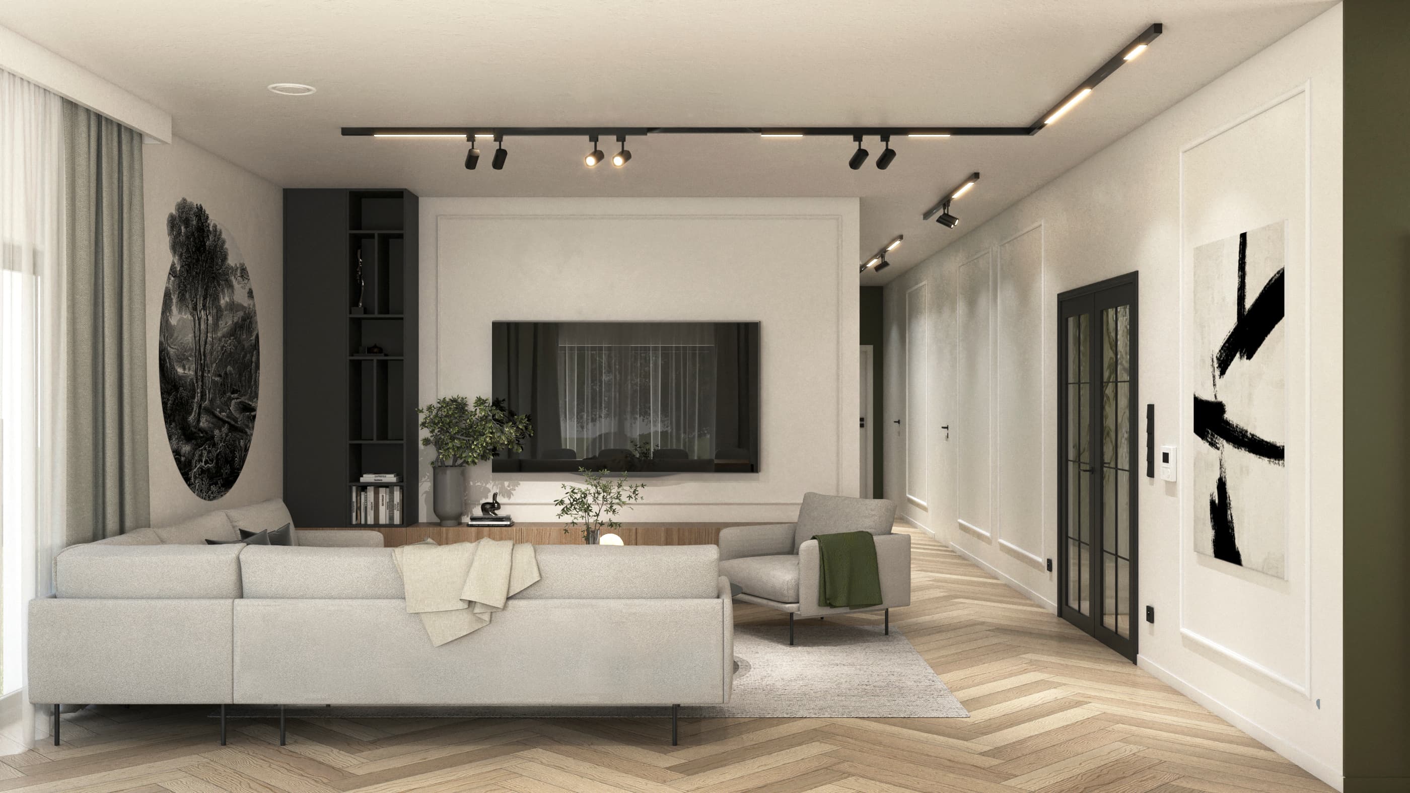 Projekt wnętrza domu jednorodzinnego w Krasnem - elegancka strefa dzienna z kamienną wyspą - ujęcie 9