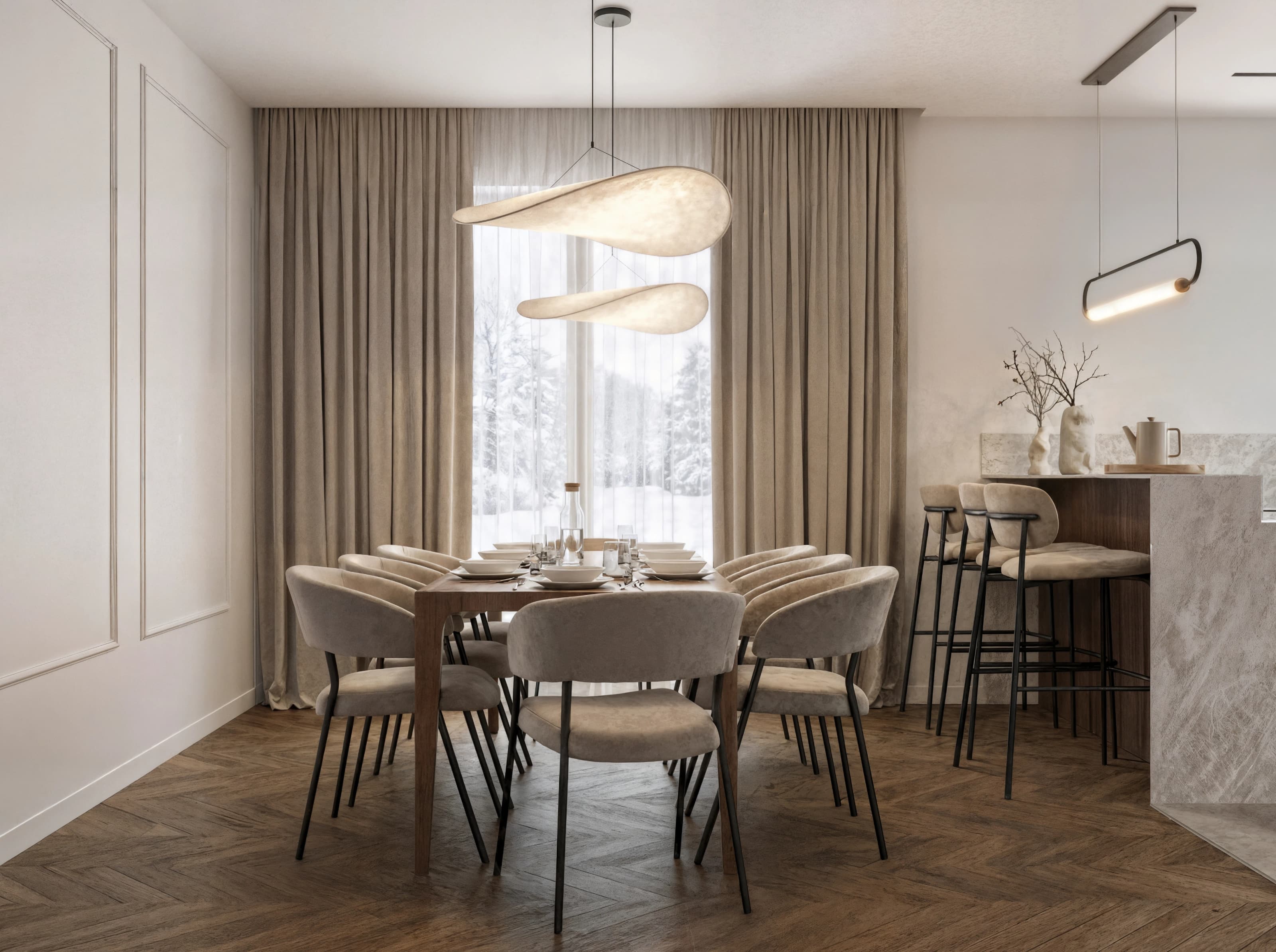 Projekt wnętrza domu w Mordarce - nowoczesny salon z jadalnią - ujęcie 5