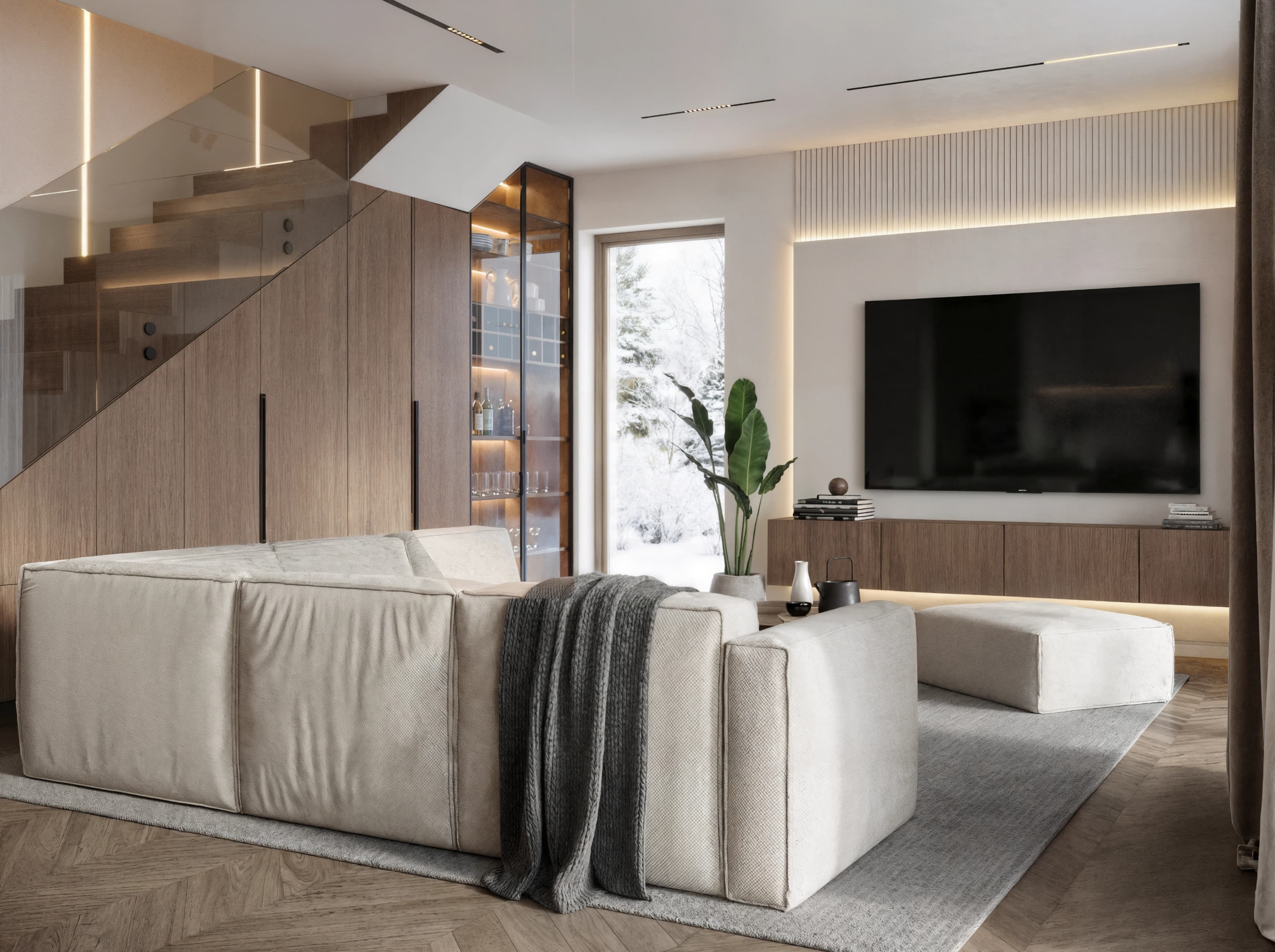 Projekt wnętrza domu w Mordarce - nowoczesny salon z jadalnią - ujęcie 1