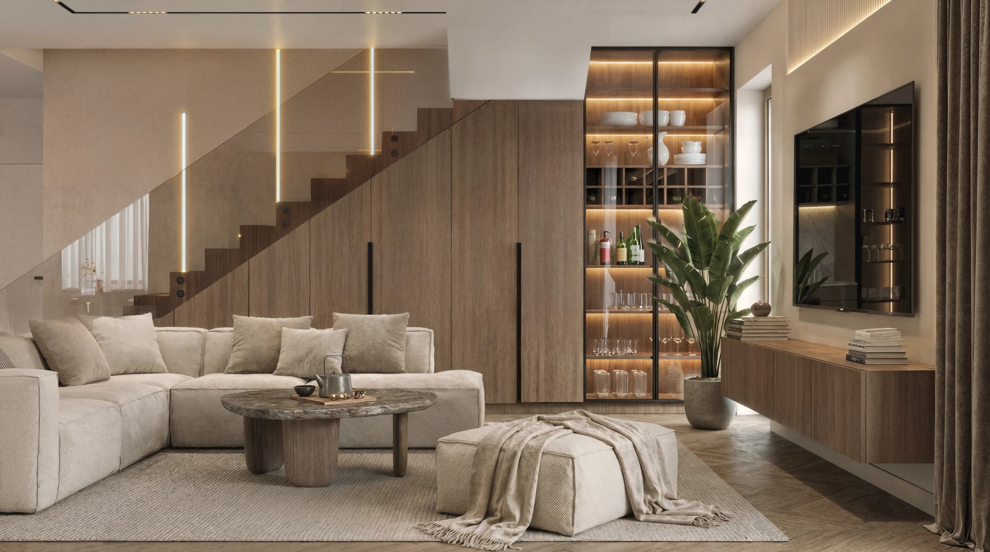 Projekt wnętrza domu w Mordarce - nowoczesny salon z jadalnią - ujęcie 2