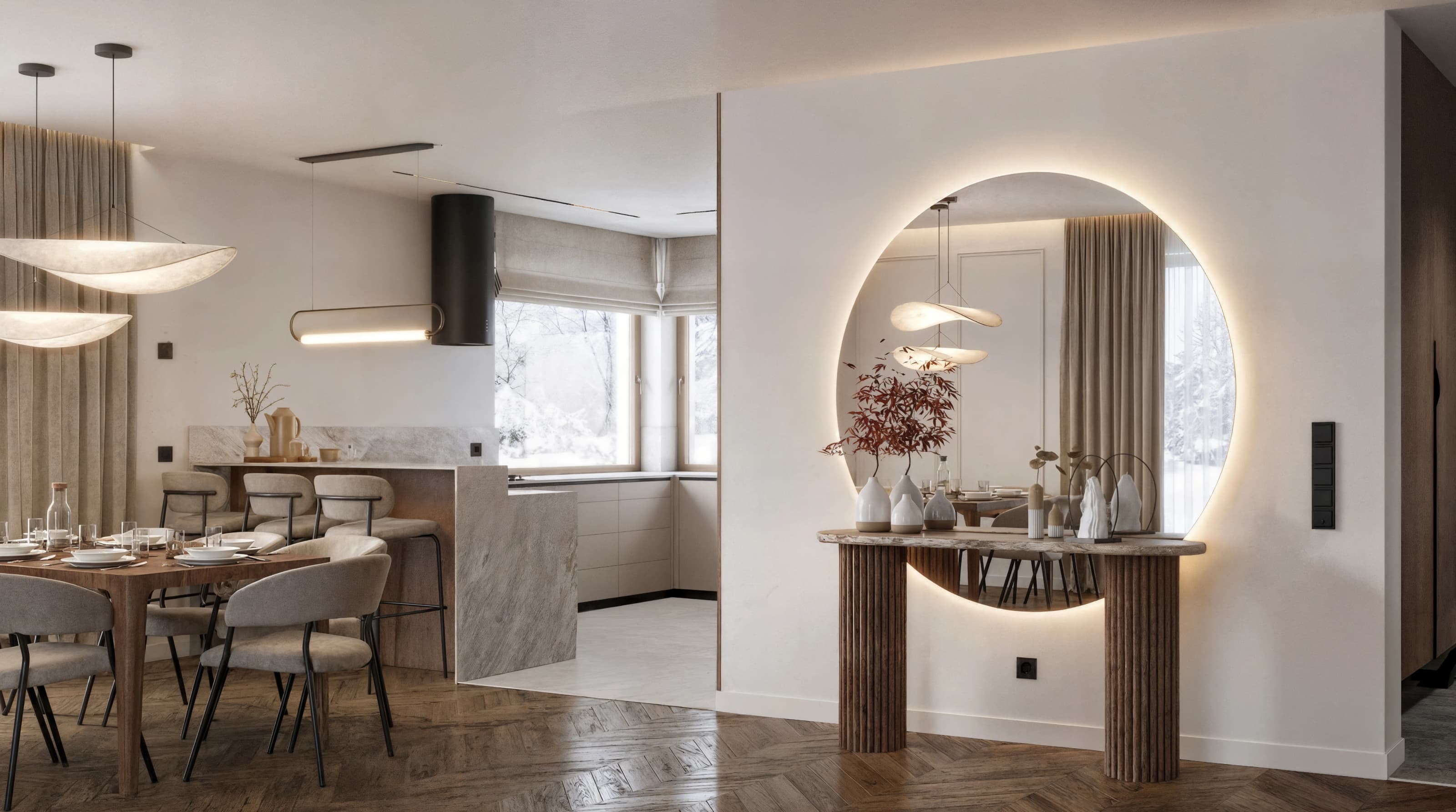 Projekt wnętrza domu w Mordarce - nowoczesny salon z jadalnią - ujęcie 3