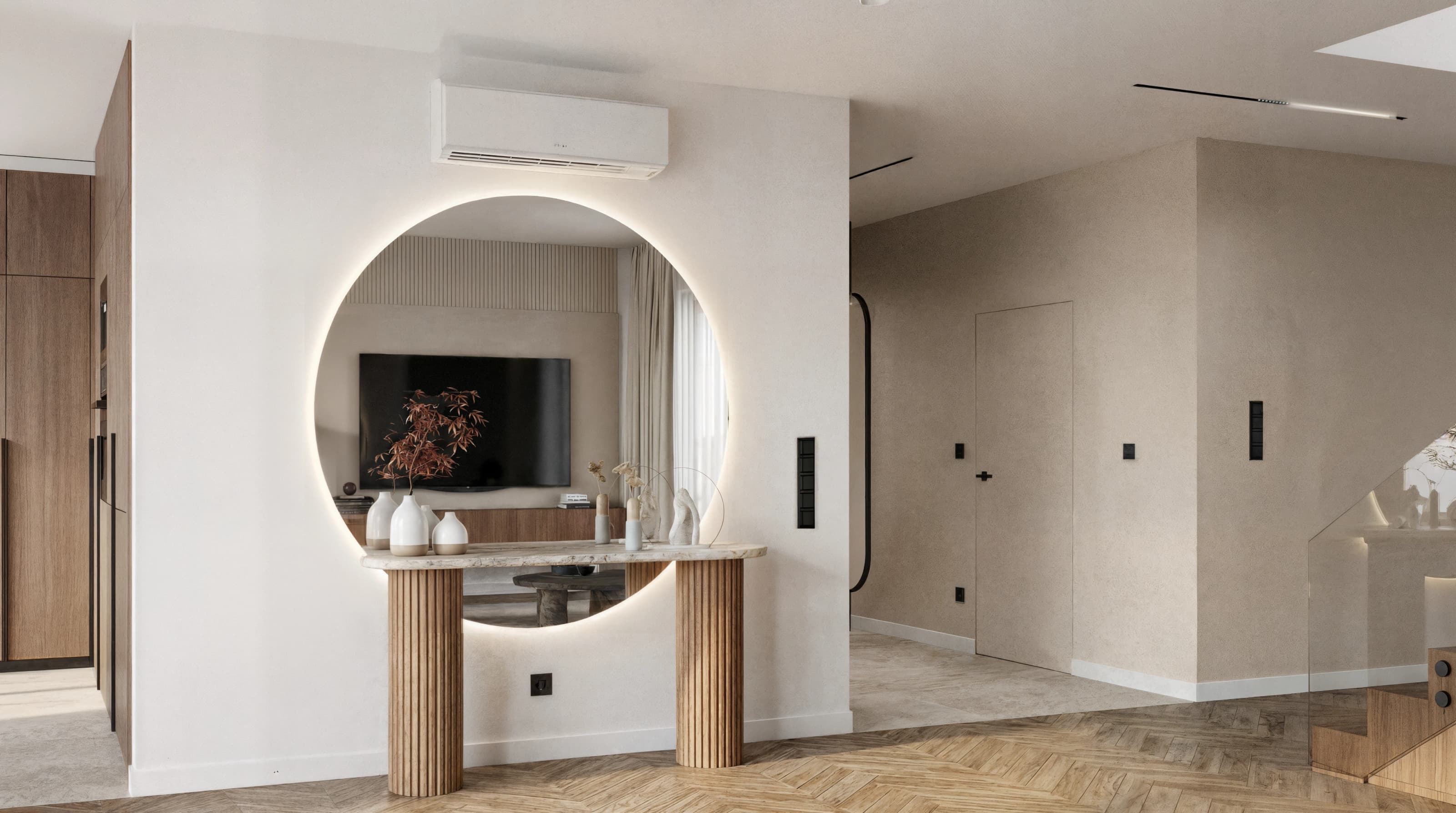 Projekt wnętrza domu w Mordarce - nowoczesny salon z jadalnią - ujęcie 4