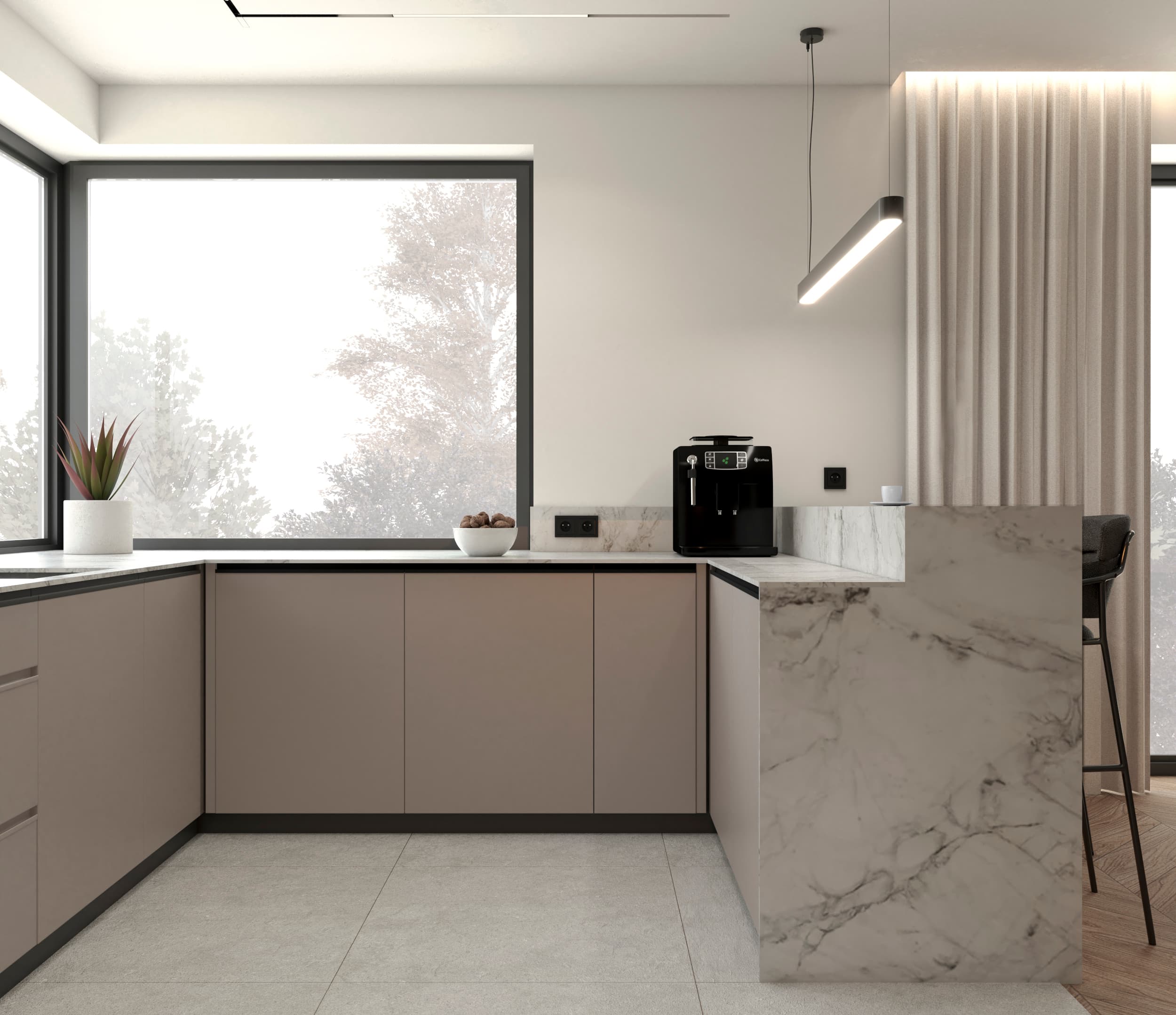 Projekt wnętrza domu jednorodzinnego w Radymnie - nowoczesna kuchnia z półwyspem - ujęcie 5
