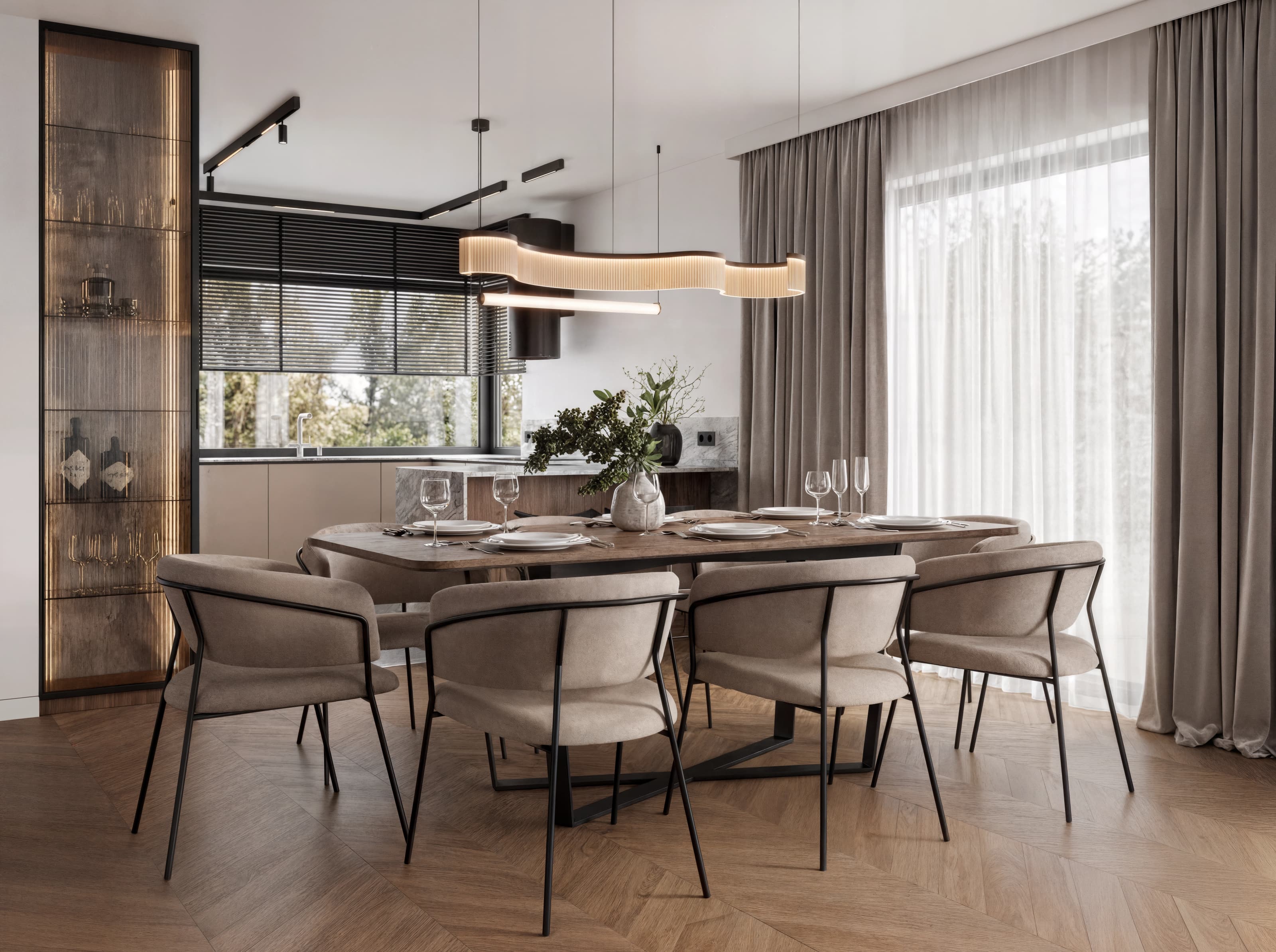 Projekt wnętrza domu w Rzeszowie - elegancka część dzienna z kuchnią i jadalnią - ujęcie 7