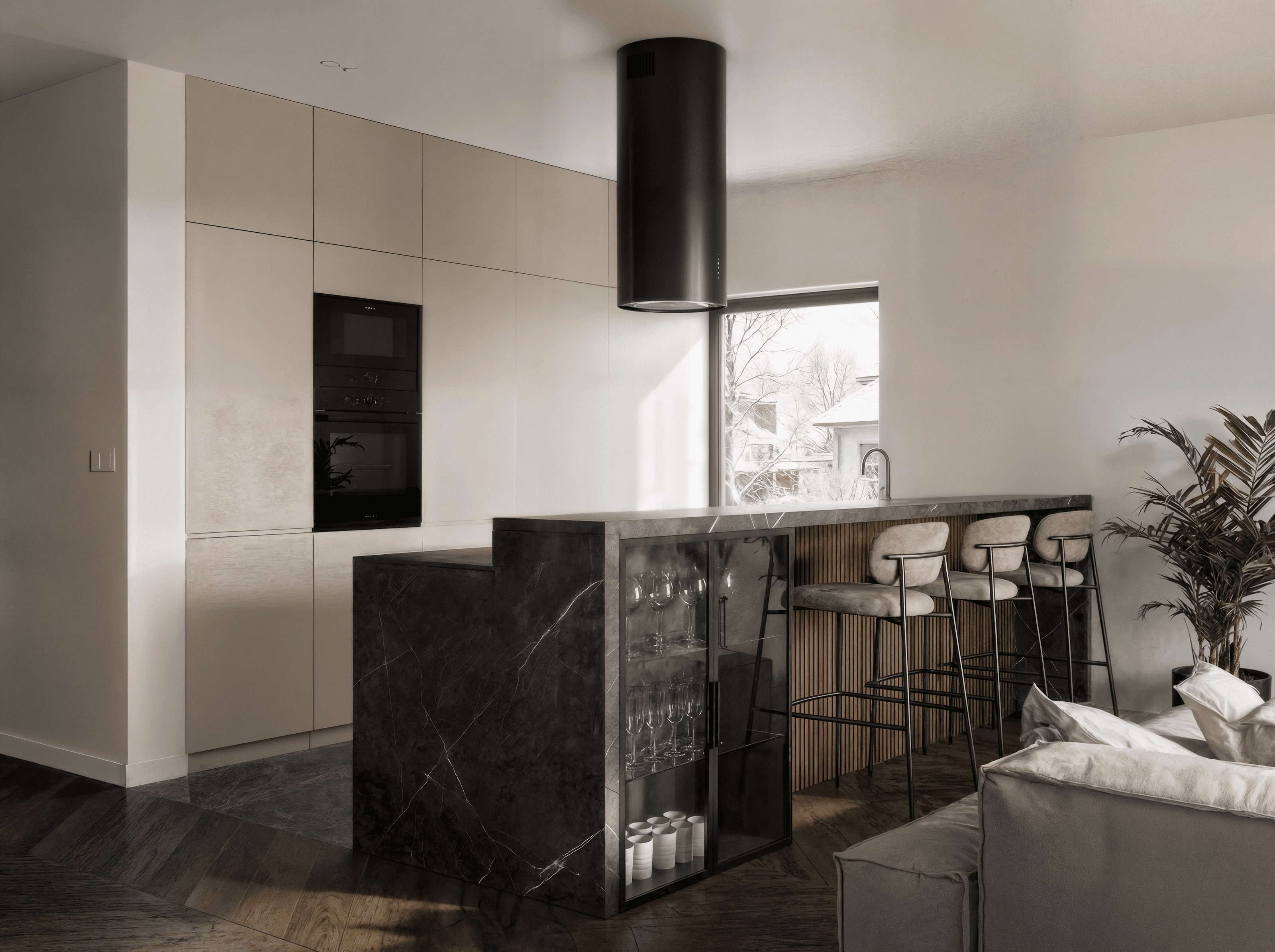 Projekt wnętrza domu jednorodzinnego w Skołyszynie - salon połączony z jadalnią i kuchnią