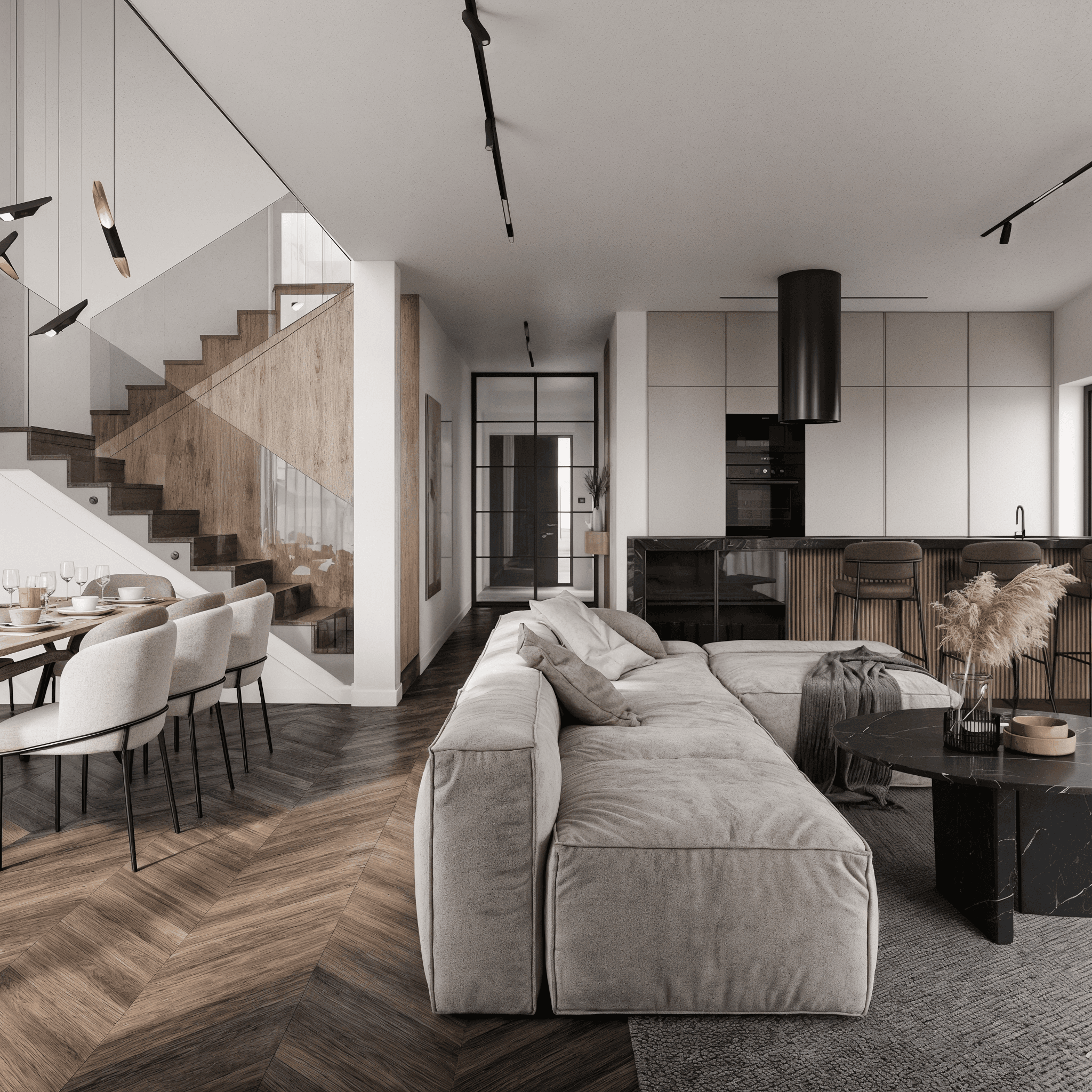 Projekt wnętrza domu jednorodzinnego w Skołyszynie - salon połączony z jadalnią i kuchnią - ujęcie 3